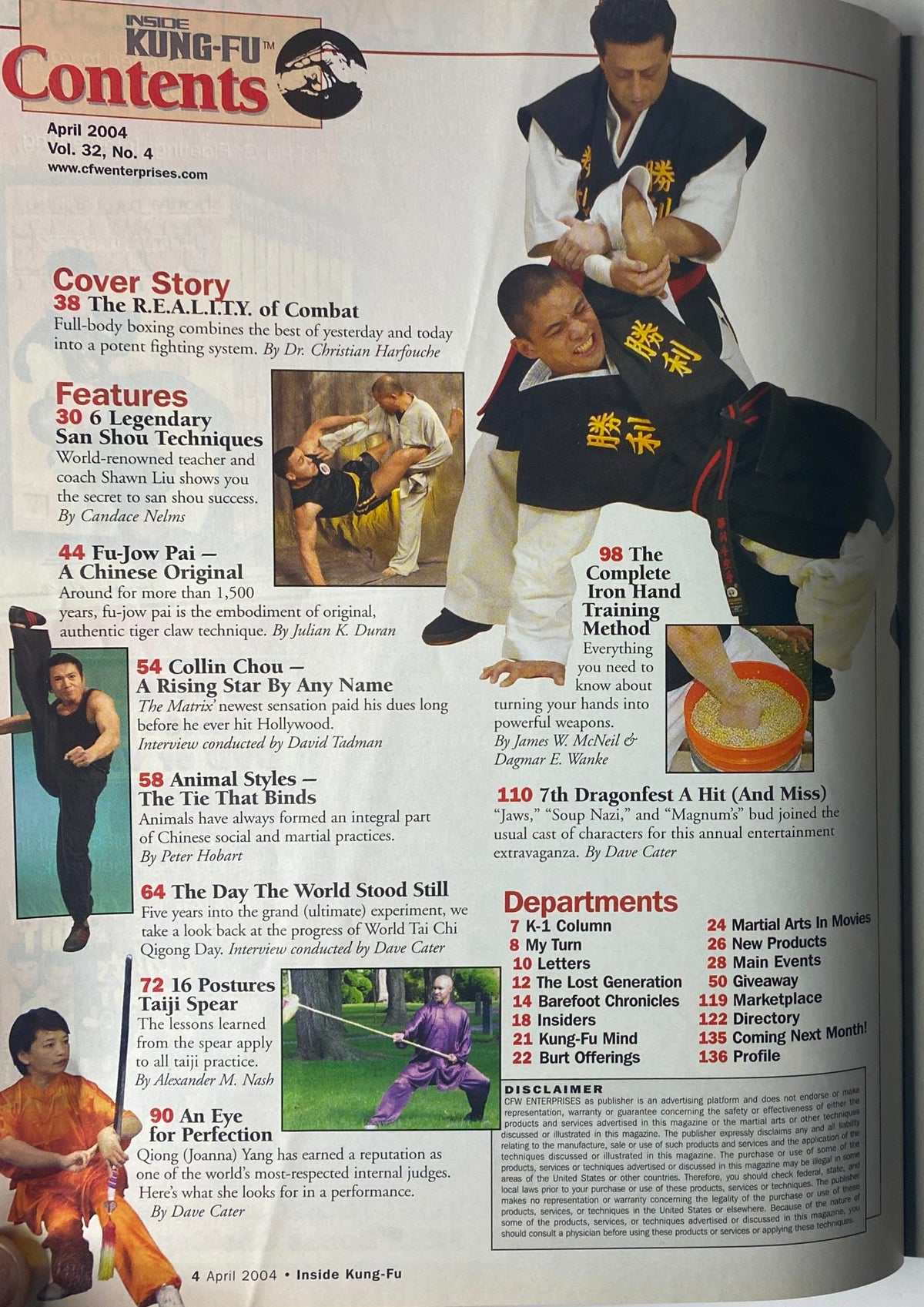 Contents page of Inside Kung-Fu Magazine, April 2004, listing features including 'The R.E.A.L.I.T.Y. of Combat' and '6 Legendary San Shou Techniques'.