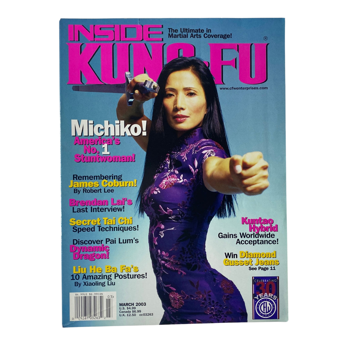 Inside Kung-Fu Magazine March 2003 featuring Michiko Nishiwaki on the cover, showcasing her as America's No. 1 Stuntwoman. The cover includes headlines on martial arts and highlighting her achievements in kung fu and film.