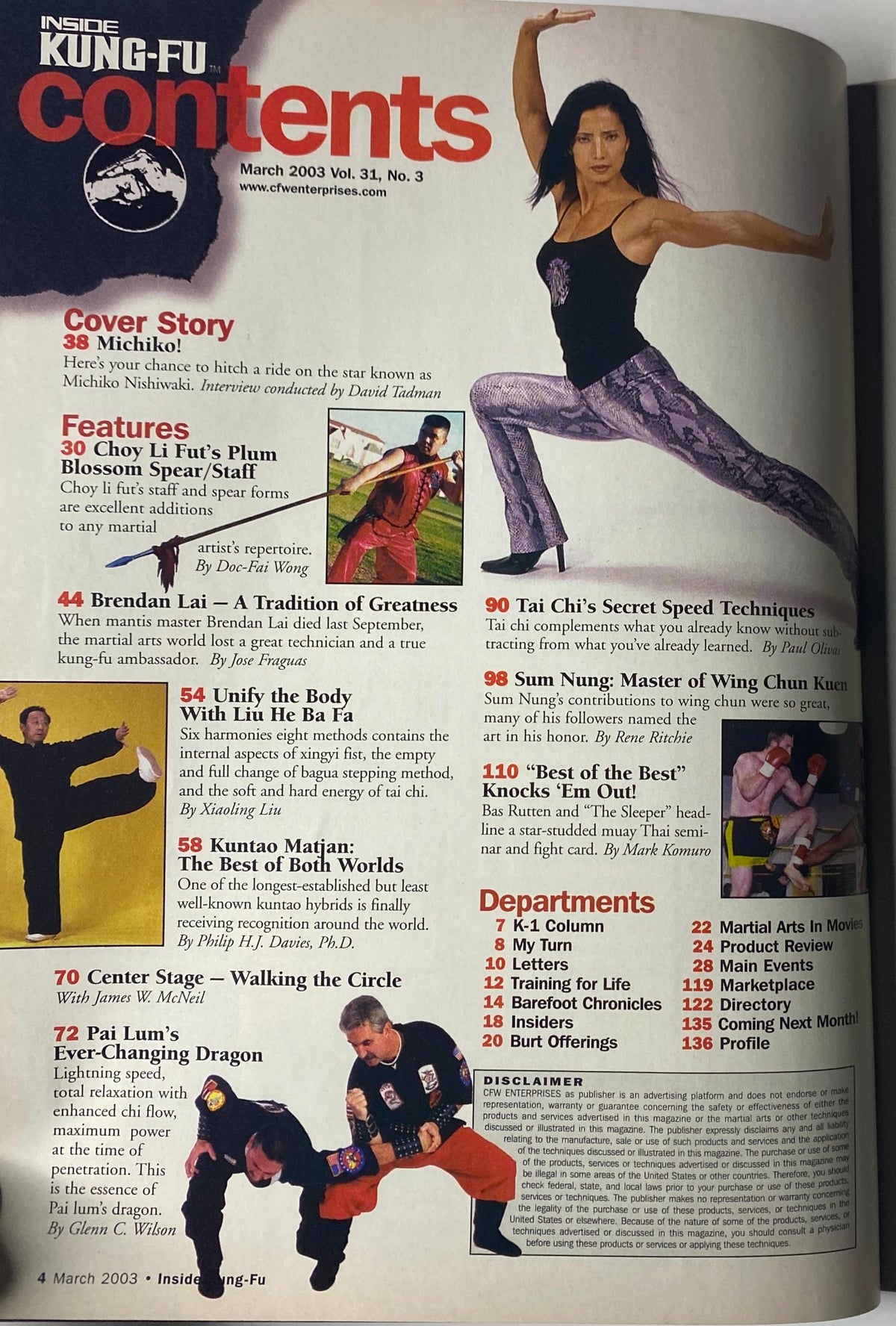 Inside Kung-Fu Magazine March 2003 featuring the cover story on Michiko Nishiwaki, a renowned martial artist and international action star, with an overview of features and contents outlined.