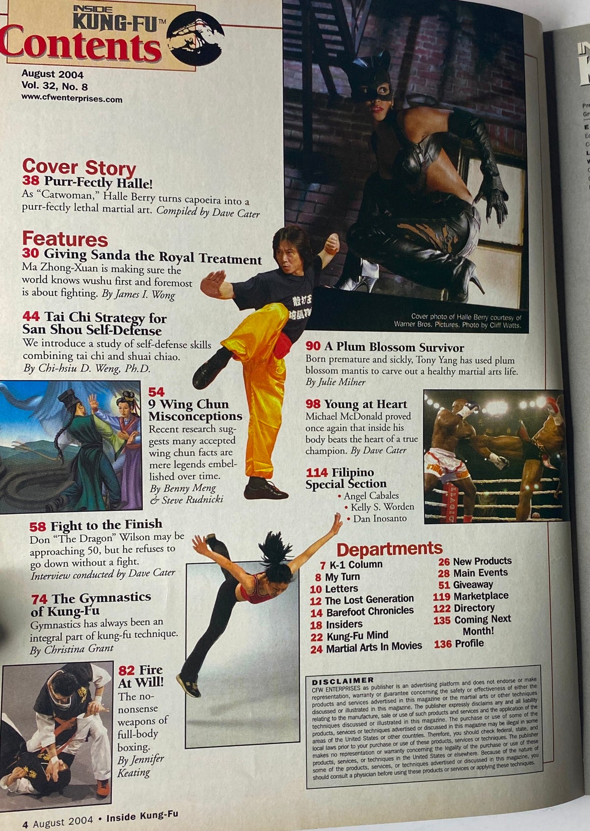 Contents page of Inside Kung-Fu Magazine August 2004, listing feature articles including 'Purrfectly Halle!' and 'Fight to the Finish'.
