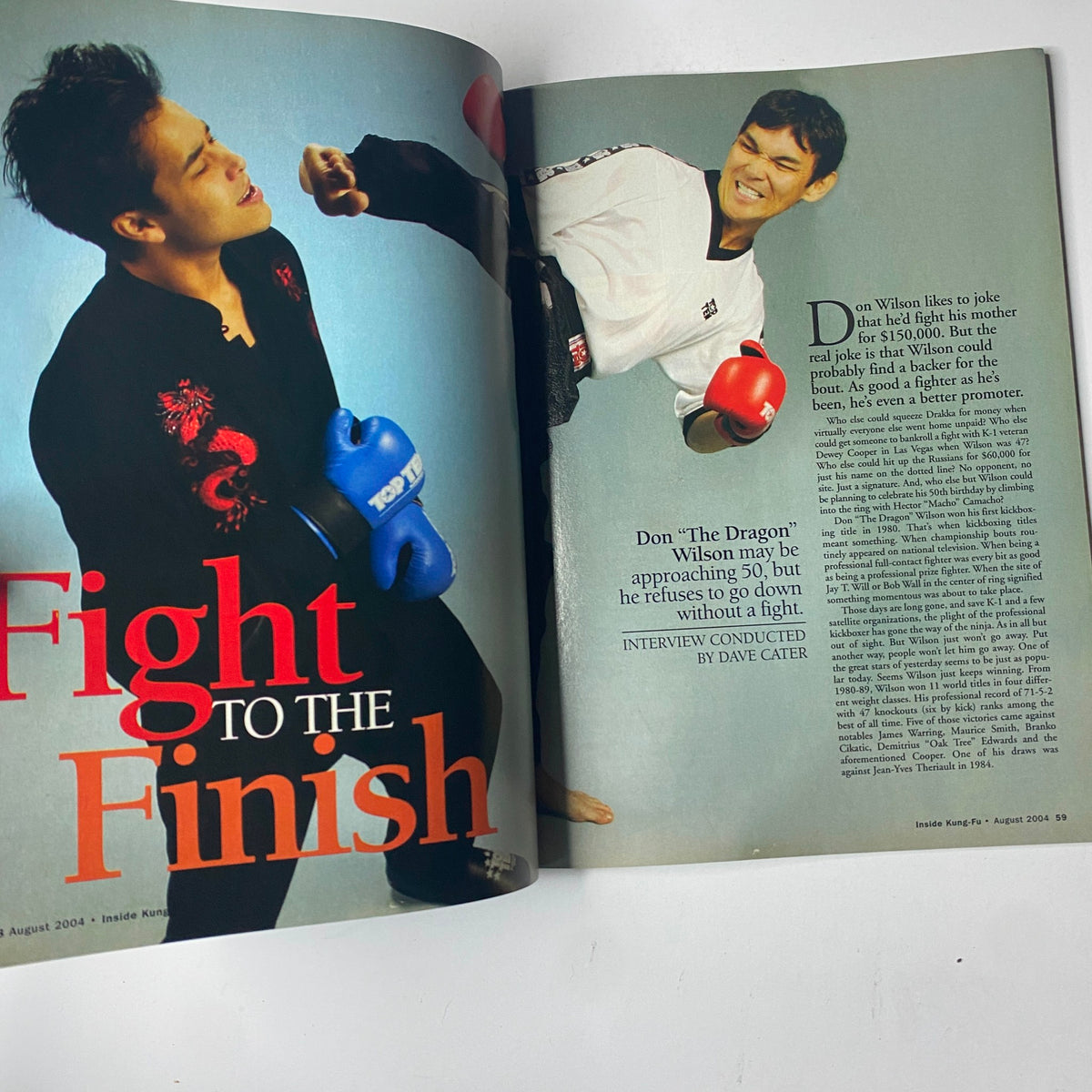 Page from Inside Kung-Fu Magazine August 2004 highlighting the article 'Fight to the Finish' with Don Wilson interviewed by Dave Cater.
