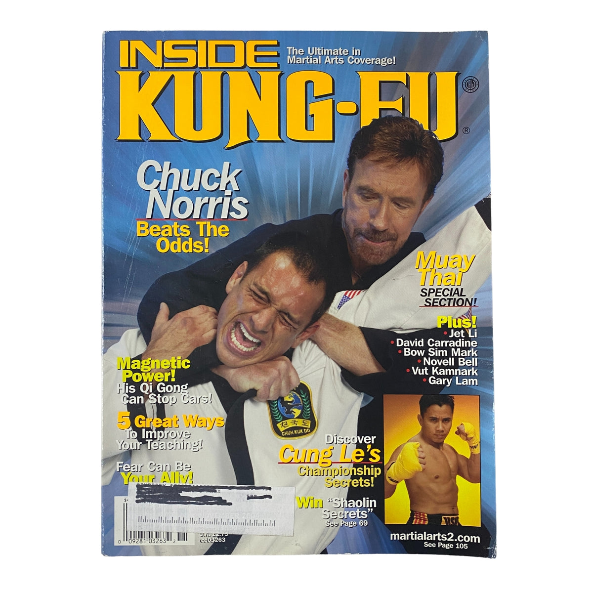 Inside Kung-Fu Magazine November 2004 featuring Chuck Norris on the cover, highlighting his journey in martial arts and various articles on training and techniques.