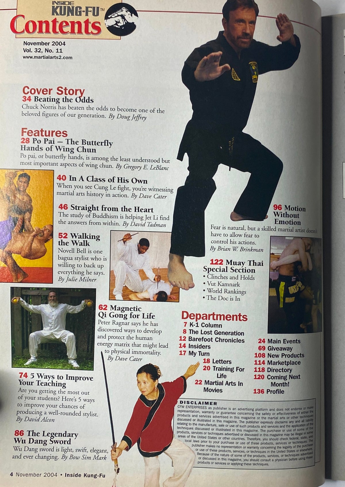 Contents page of Inside Kung-Fu Magazine November 2004, detailing articles including Chuck Norris's feature story and Muay Thai special section.