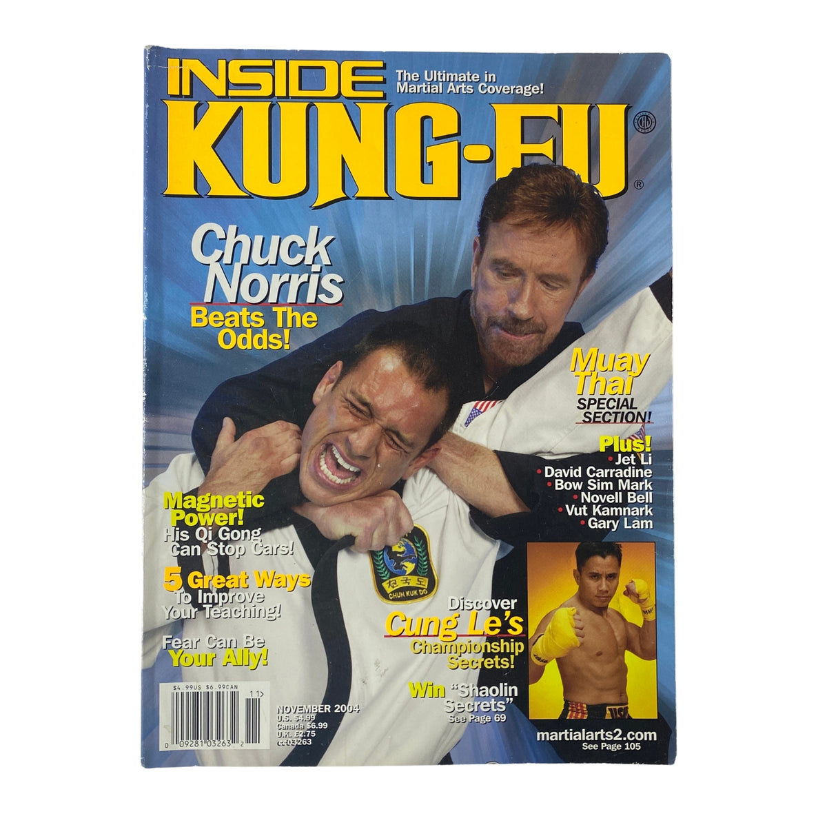 Inside Kung-Fu Magazine November 2004 featuring Chuck Norris on the cover, highlighting the cover story 'Beating the Odds' and other martial arts content.