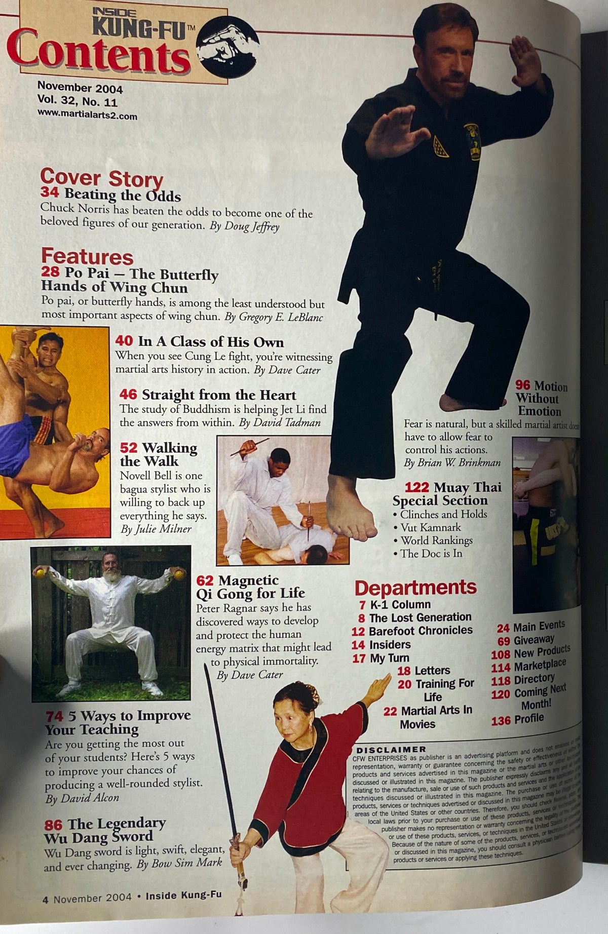 Contents page of Inside Kung-Fu Magazine November 2004 showcasing features like 'The Butterfly Hands of Wing Chun' and 'Muay Thai Special Section'.