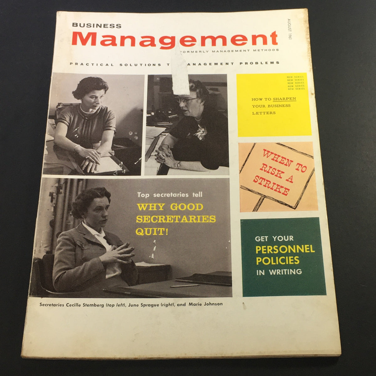 Cover of VTG Business Management Magazine from August 1961 featuring Secretary Cecille Sternberg, showcasing a vintage design with images of secretaries and articles on management trends.