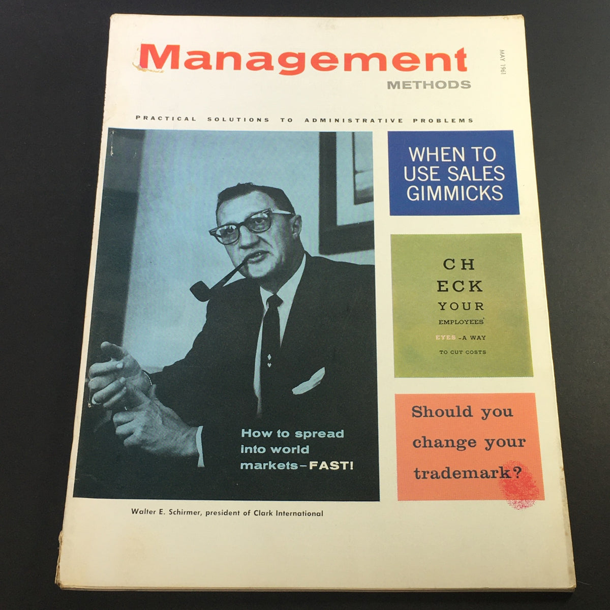 Cover of VTG Business Management Magazine from May 1961, featuring Walter E. Schimer of Clark International, discussing business strategies with a vintage design and articles on management methods.