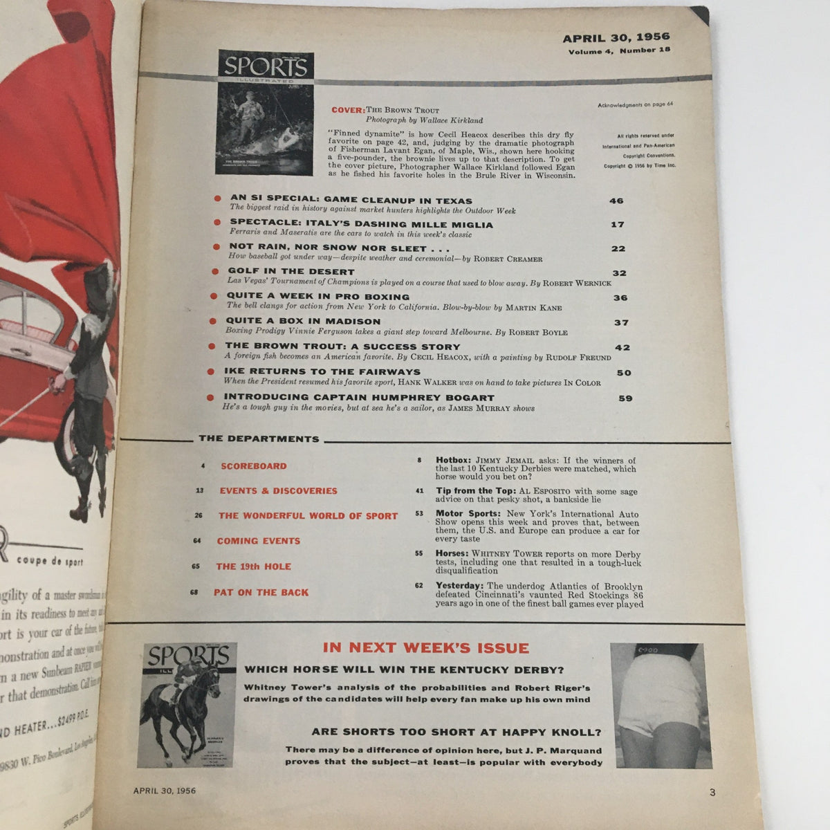 Contents page of Sports Illustrated Magazine, April 30, 1956, highlighting the cover story 'The Brown Trout' and featuring various articles related to sports.