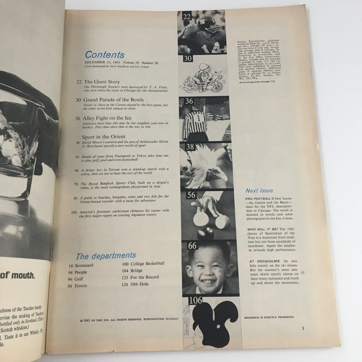 Page from Sports Illustrated Magazine December 23 1963 showing the contents list including articles on various sports and the special feature on C.K. Yang.