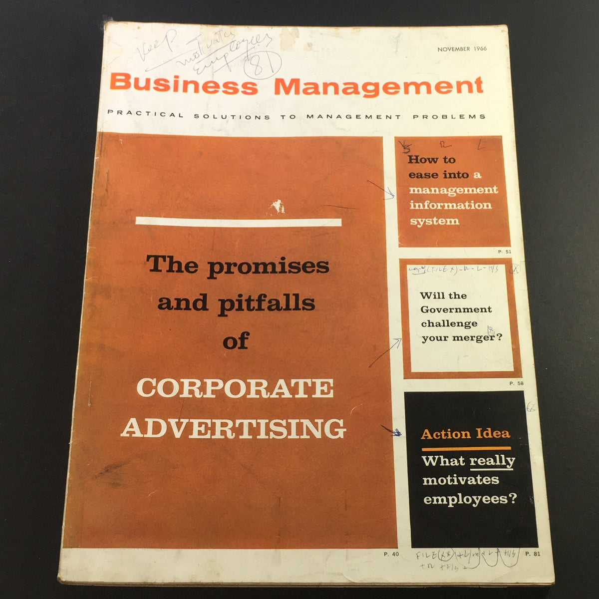 Cover of VTG Business Management Magazine November 1966 featuring the title 'The promises and pitfalls of Corporate Advertising' and highlighted articles including 'How to ease into a management information system'.