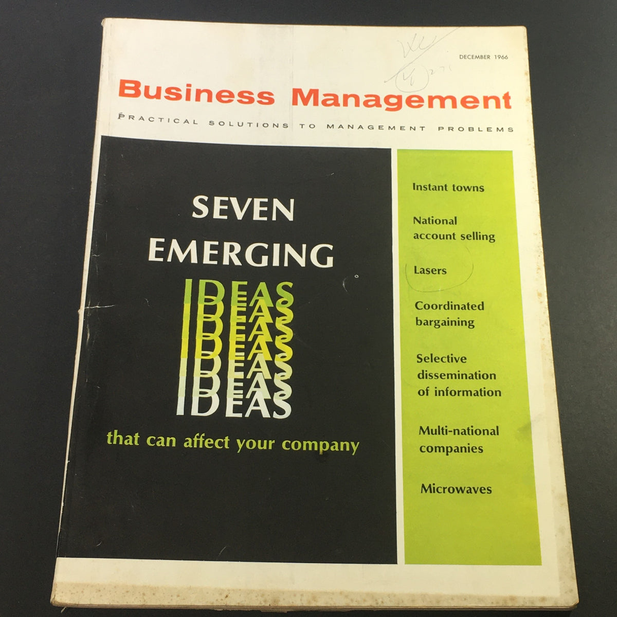 Cover of VTG Business Management Magazine December 1966, featuring the title 'Seven Emerging Ideas' and topics like Instant towns, National account selling, Lasers, and more. A vintage collectible showcasing business insights from the 1960s.