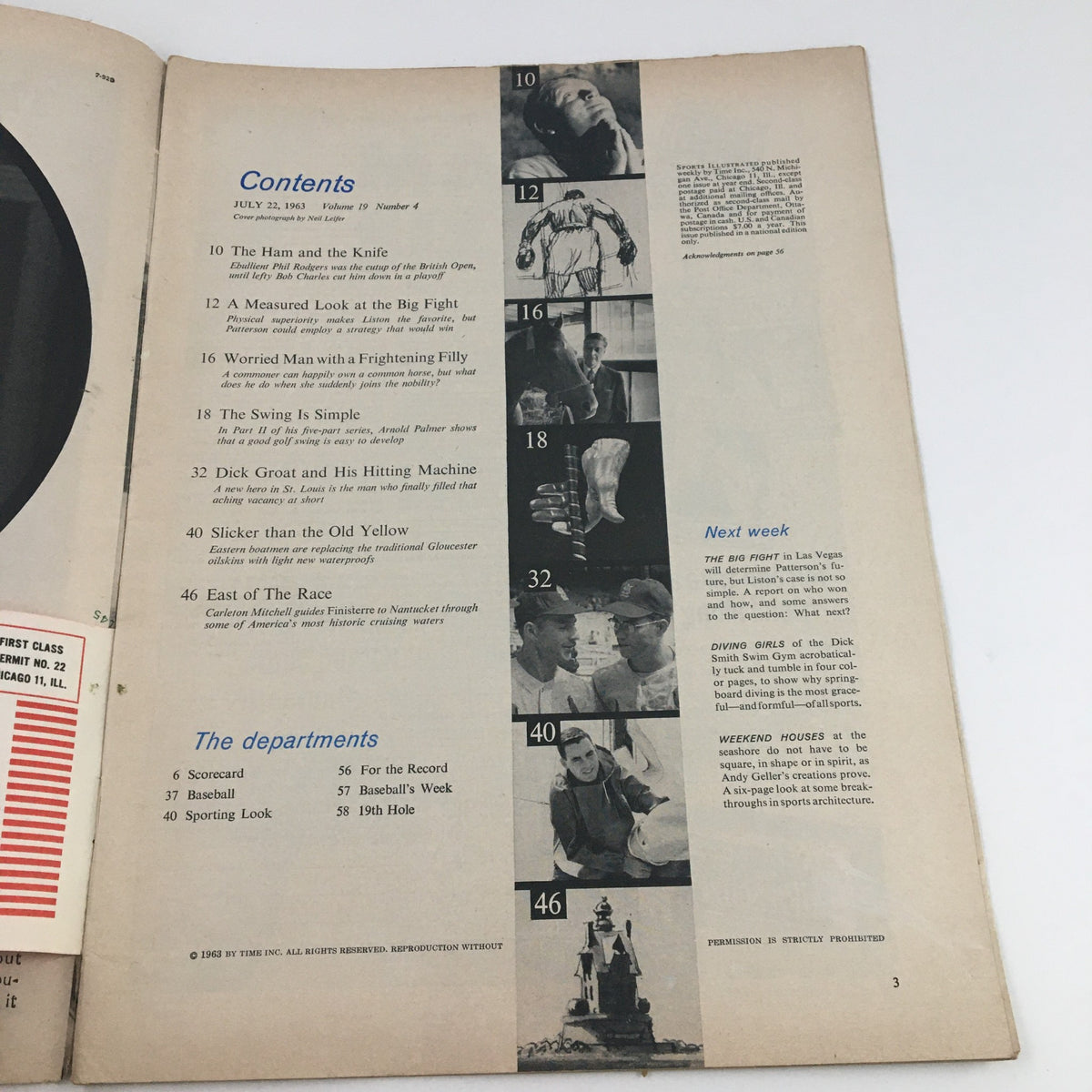 Contents page of Sports Illustrated Magazine July 22 1963, featuring the list of articles including 'Dick Groat and his Hitting Machine' and other sports topics.