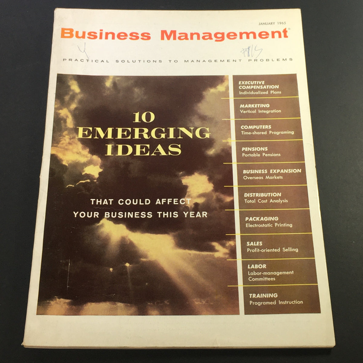 VTG Business Management Magazine January 1965 cover featuring the title '10 Emerging Ideas' with topics on executive compensation, marketing, computers, and more.