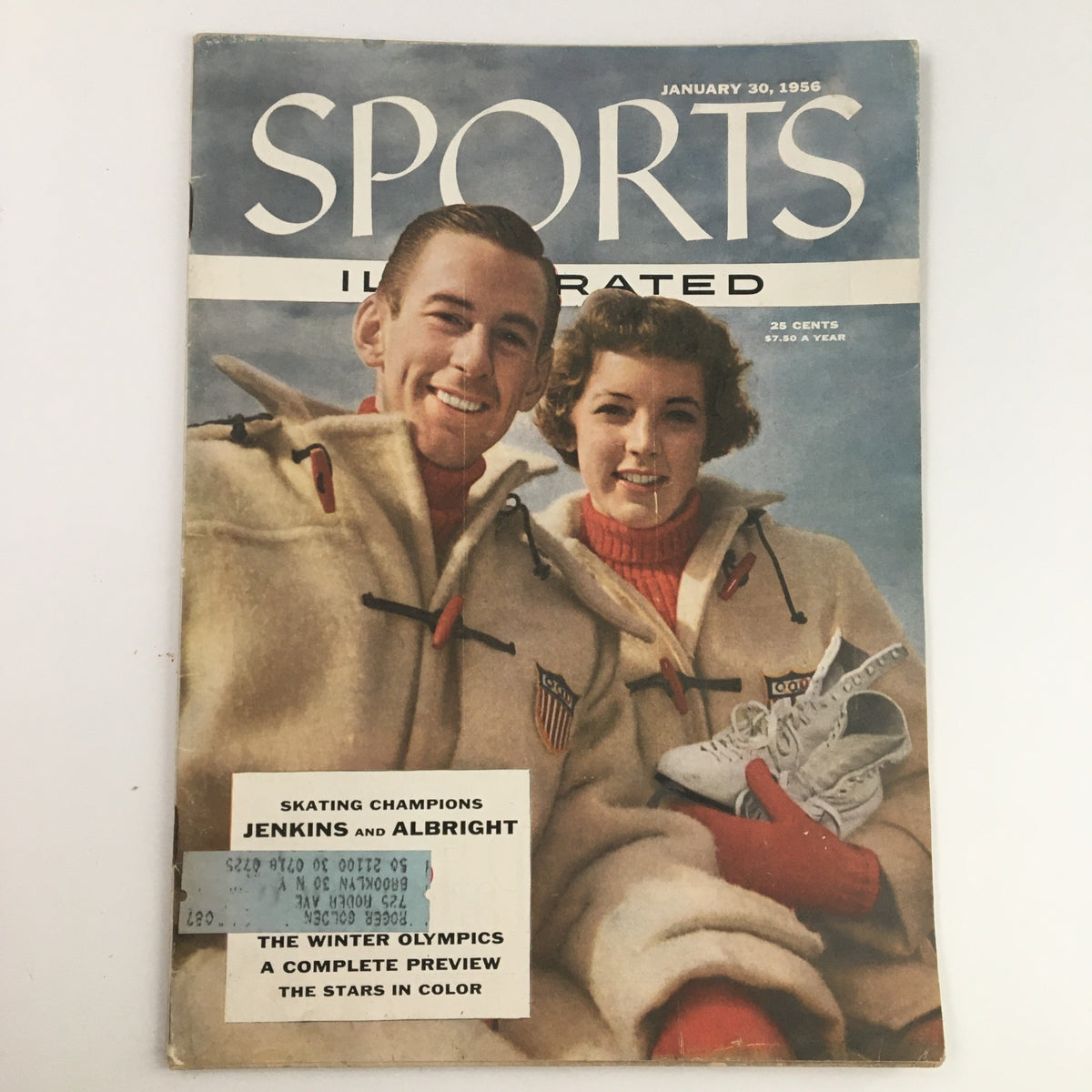 Cover of Sports Illustrated Magazine January 30, 1956 featuring Skating Champions Jenkins & Albright, showcasing retro fashion and the excitement of ice skating.