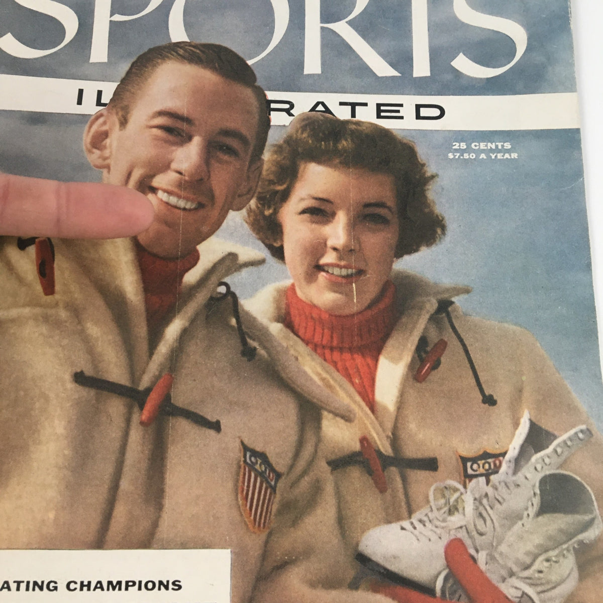 Close-up of the cover of Sports Illustrated January 30, 1956 highlighting the features of Skating Champions Jenkins & Albright with vintage visual elements.