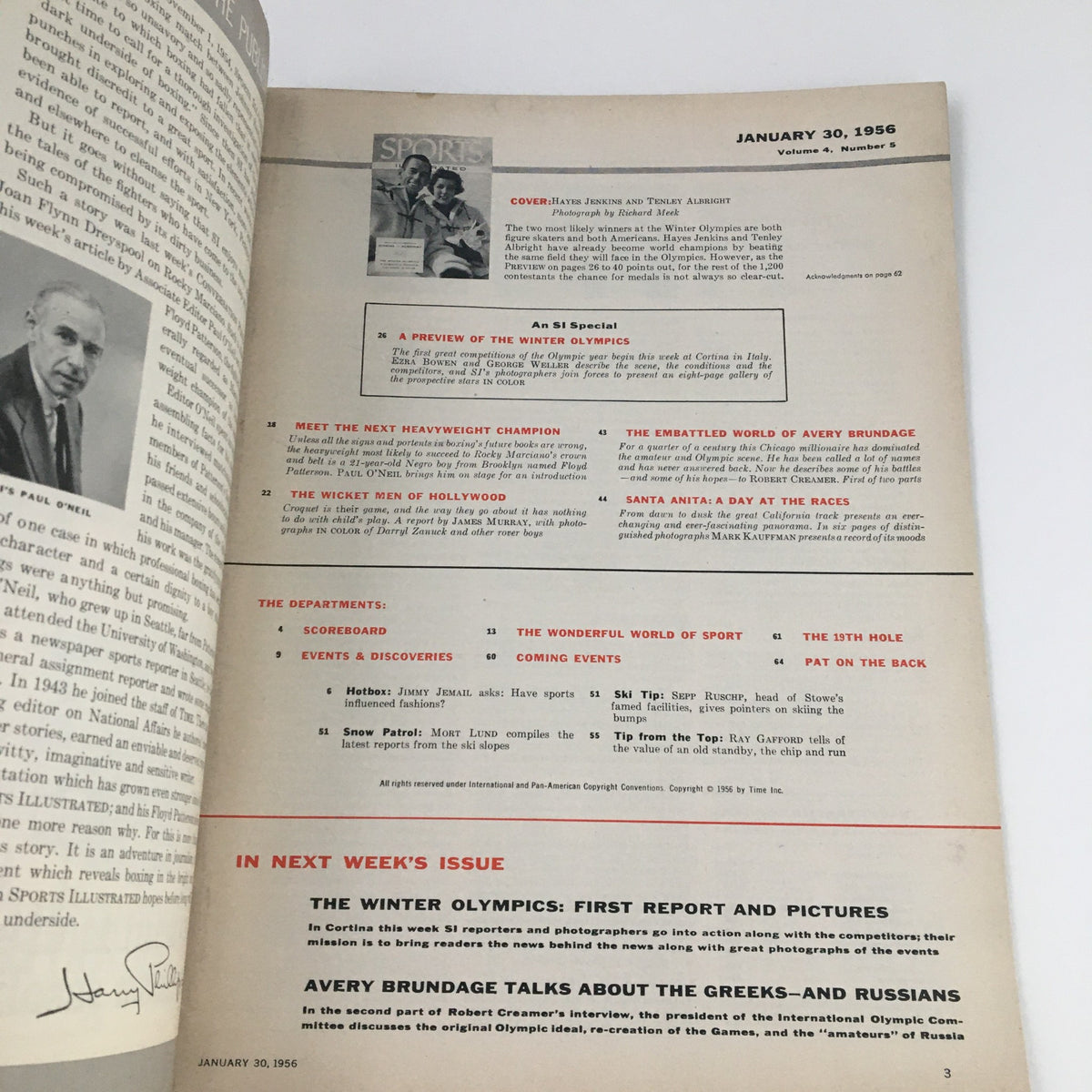 Interior page of Sports Illustrated Magazine January 30, 1956, providing a peek into the featured articles, including the Winter Olympics preview and cultural insights.