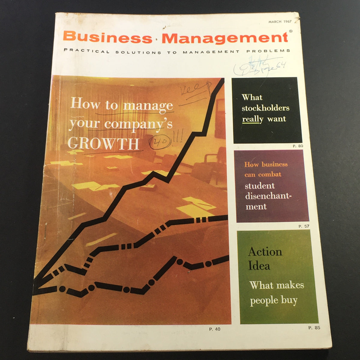 Cover of VTG Business Management Magazine March 1967, featuring the title 'How to Manage Your Company's Growth' with a graph illustration and highlighted sections on business insights.