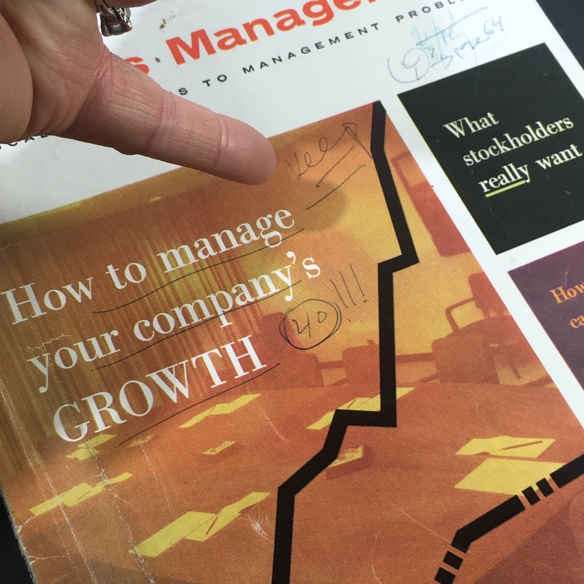 Close-up of the cover of VTG Business Management Magazine March 1967, showing the title 'How to Manage Your Company's Growth' along with handwritten notes and a graph illustration.