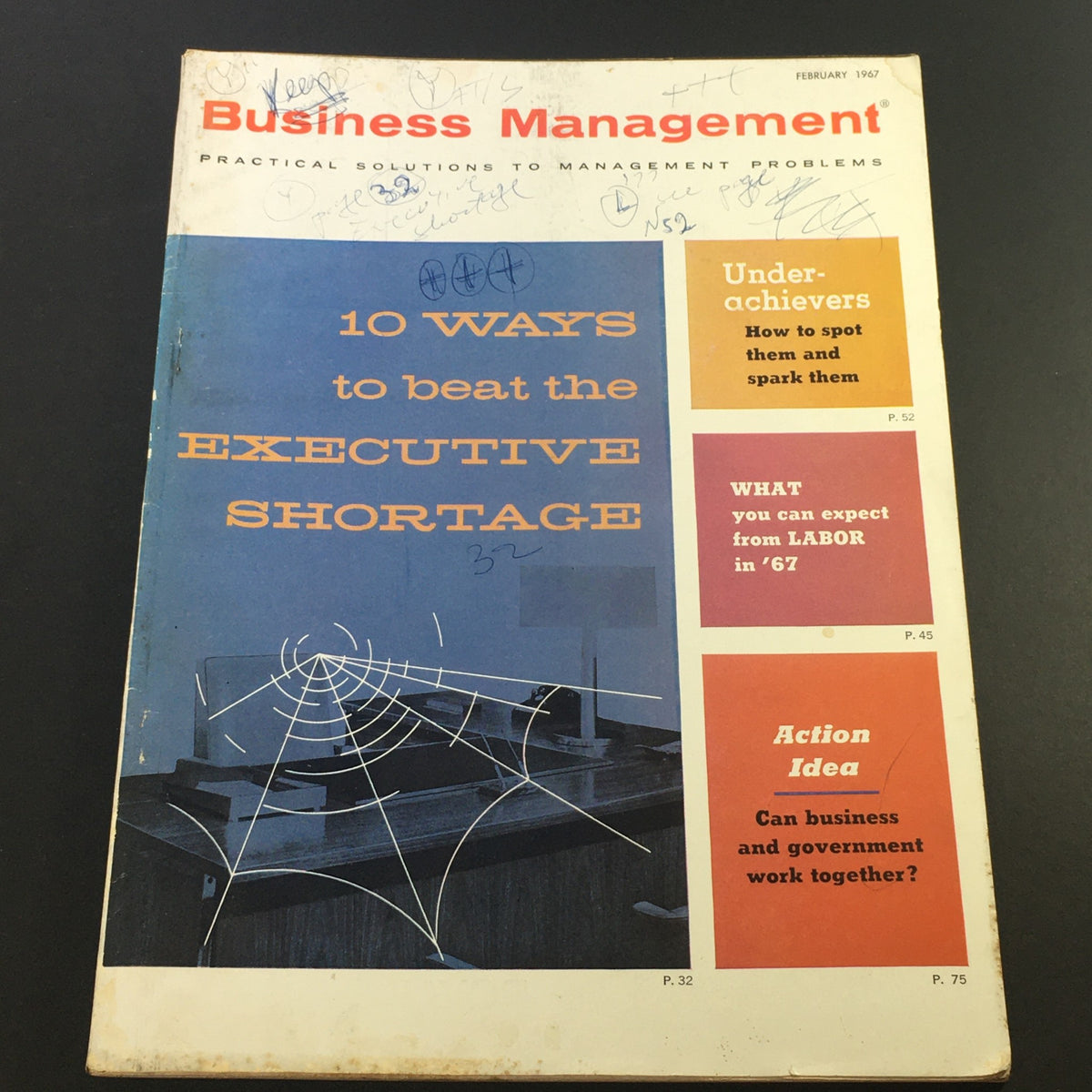 Cover of VTG Business Management Magazine February 1967 featuring the title '10 Ways to Beat the Executive Shortage', showcasing management strategies with vintage design elements.