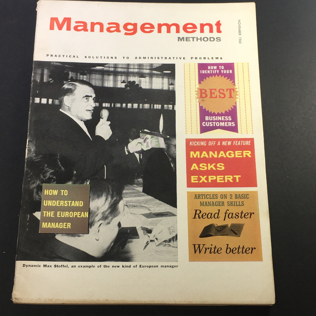 Cover of VTG Business Management Magazine from November 1960 featuring Dynamic Manager Max Stoffel, showcasing articles on identifying business customers and understanding the European manager.