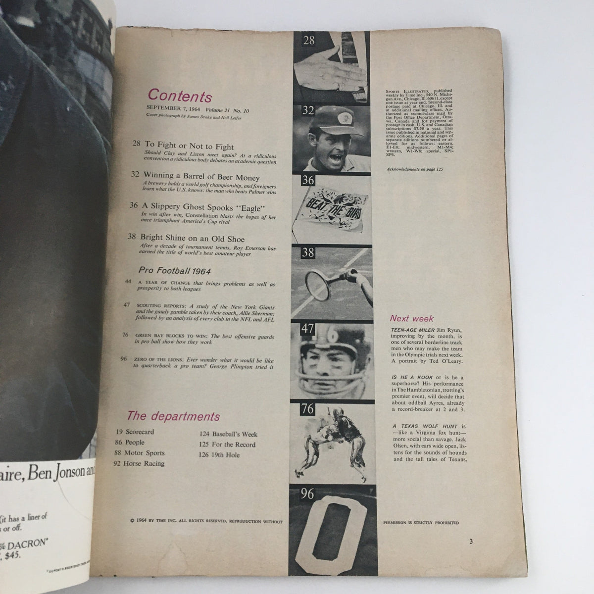 Interior page of Sports Illustrated Magazine September 7, 1964, displaying the contents section, highlighting articles on Pro Football 1964 and various sports topics.