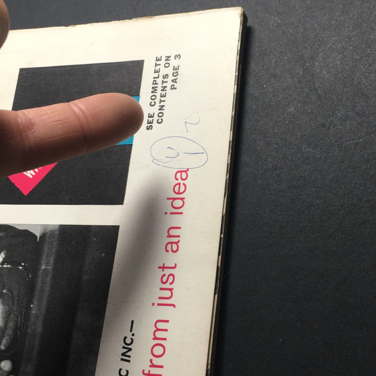 Cover detail of the VTG Business Management Magazine March 1960, featuring finger pointing at handwritten notes and a reminder of complete contents on page three.