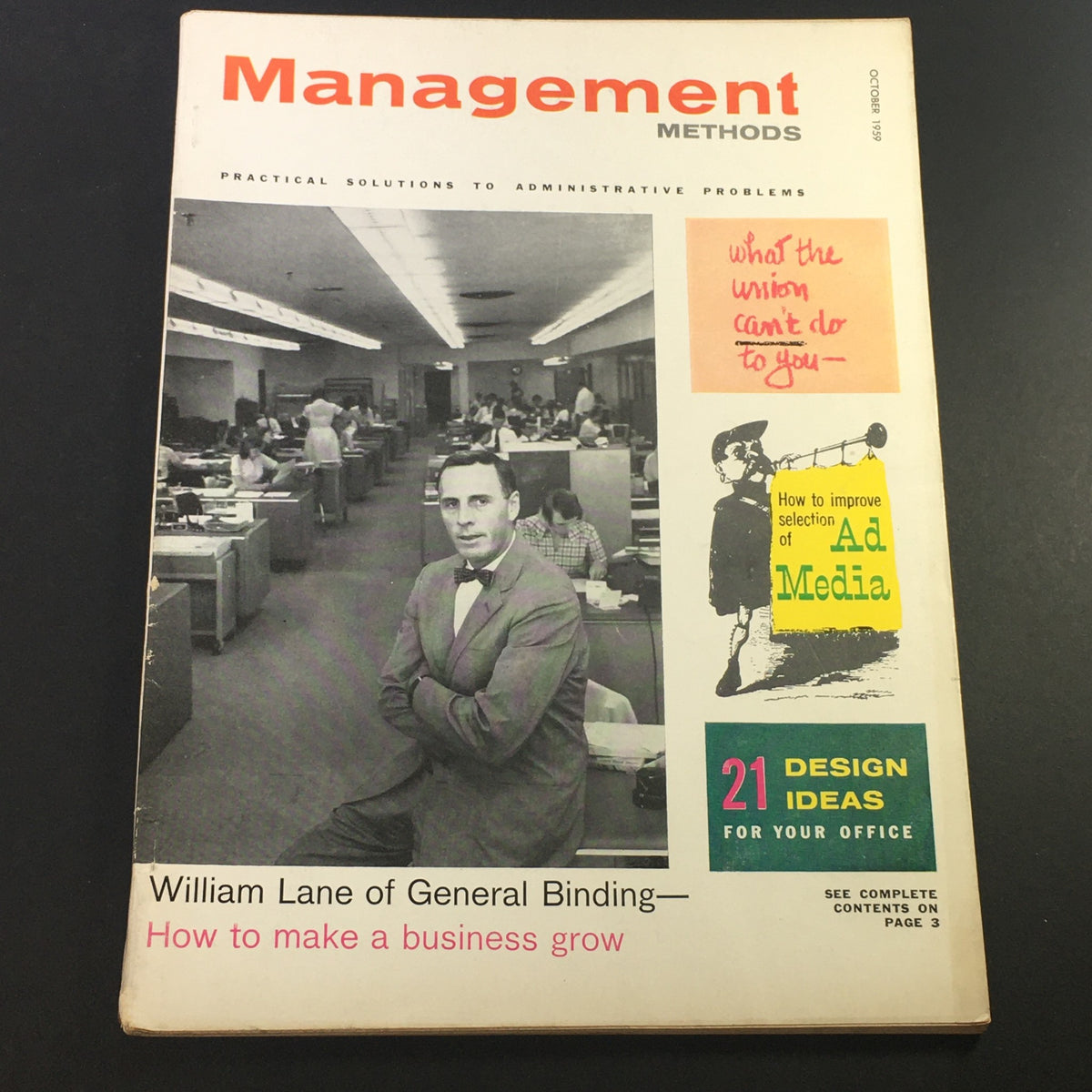 VTG Business Management Magazine October 1959 featuring an article on William Lane of General Binding, showcasing a vintage office environment with employees at work, highlighting practical solutions to administrative problems.