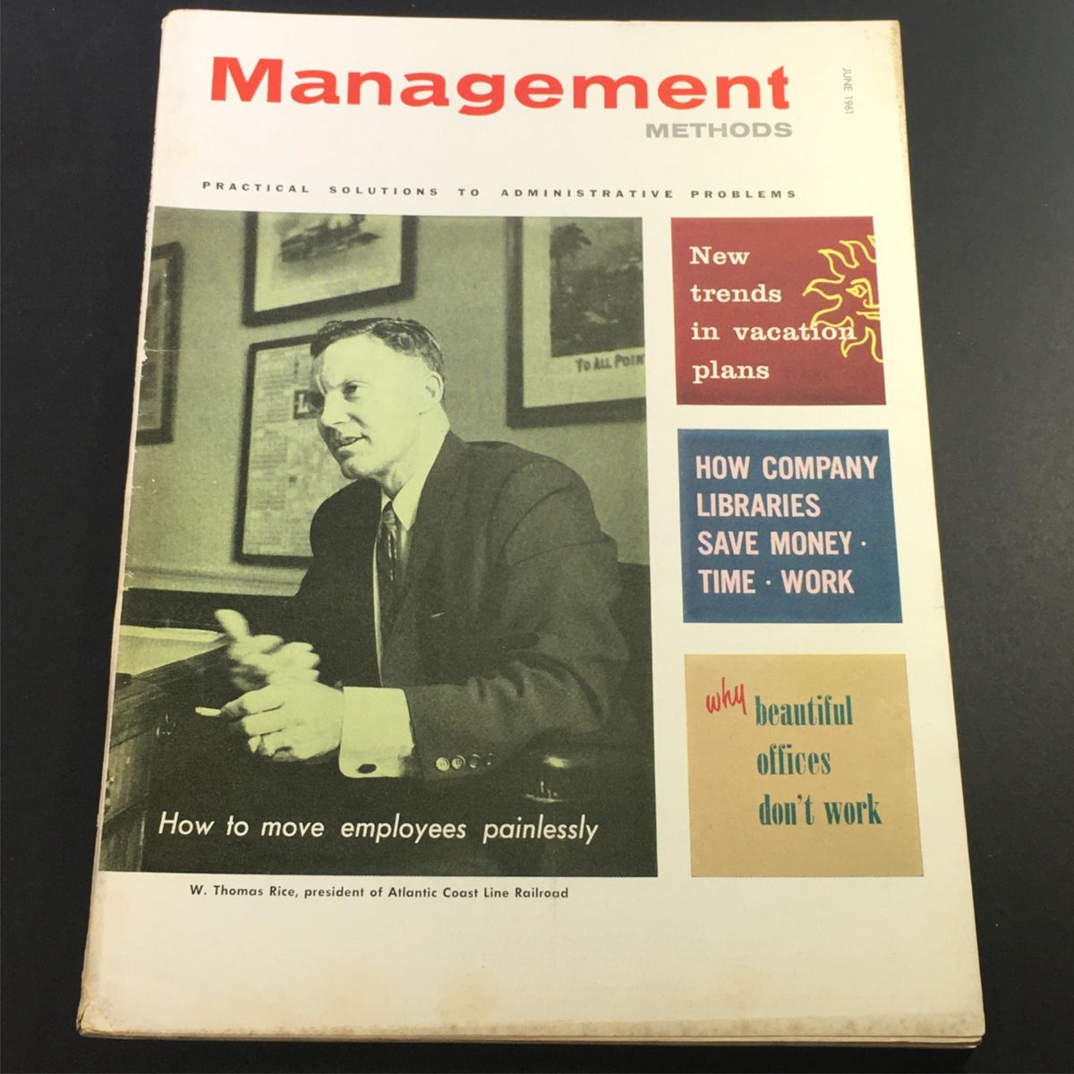 VTG Business Management Magazine June 1961 featuring cover story on Thomas Rice from Atlantic Coastline, showcasing management methods and administrative solutions.