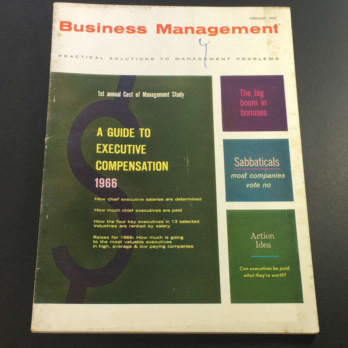 Cover of the VTG Business Management Magazine February 1966 featuring the title 'A Guide to Executive Compensation 1966'. The cover displays details about executive salaries, bonuses, and management studies.