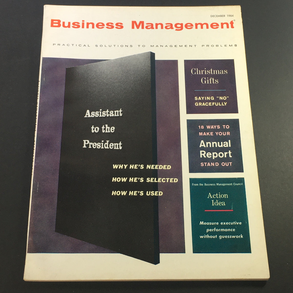 VTG Business Management Magazine December 1964 featuring the cover story 'Assistant to the President', showcasing practical solutions to management problems and a vintage design.