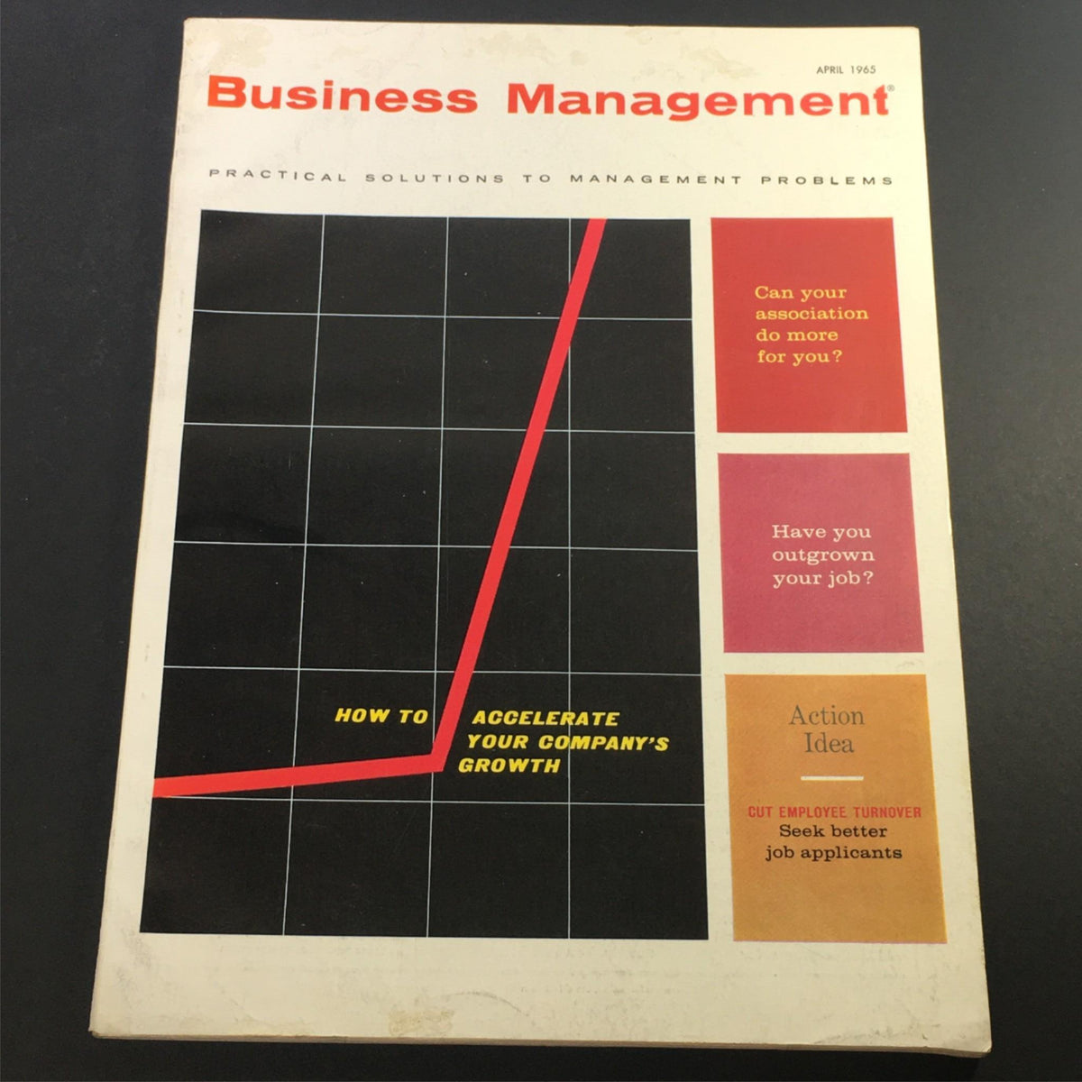 Cover of VTG Business Management Magazine April 1965 showing a graph symbolizing growth with the headline 'How to Accelerate Your Company's Growth' and additional management problem solutions.