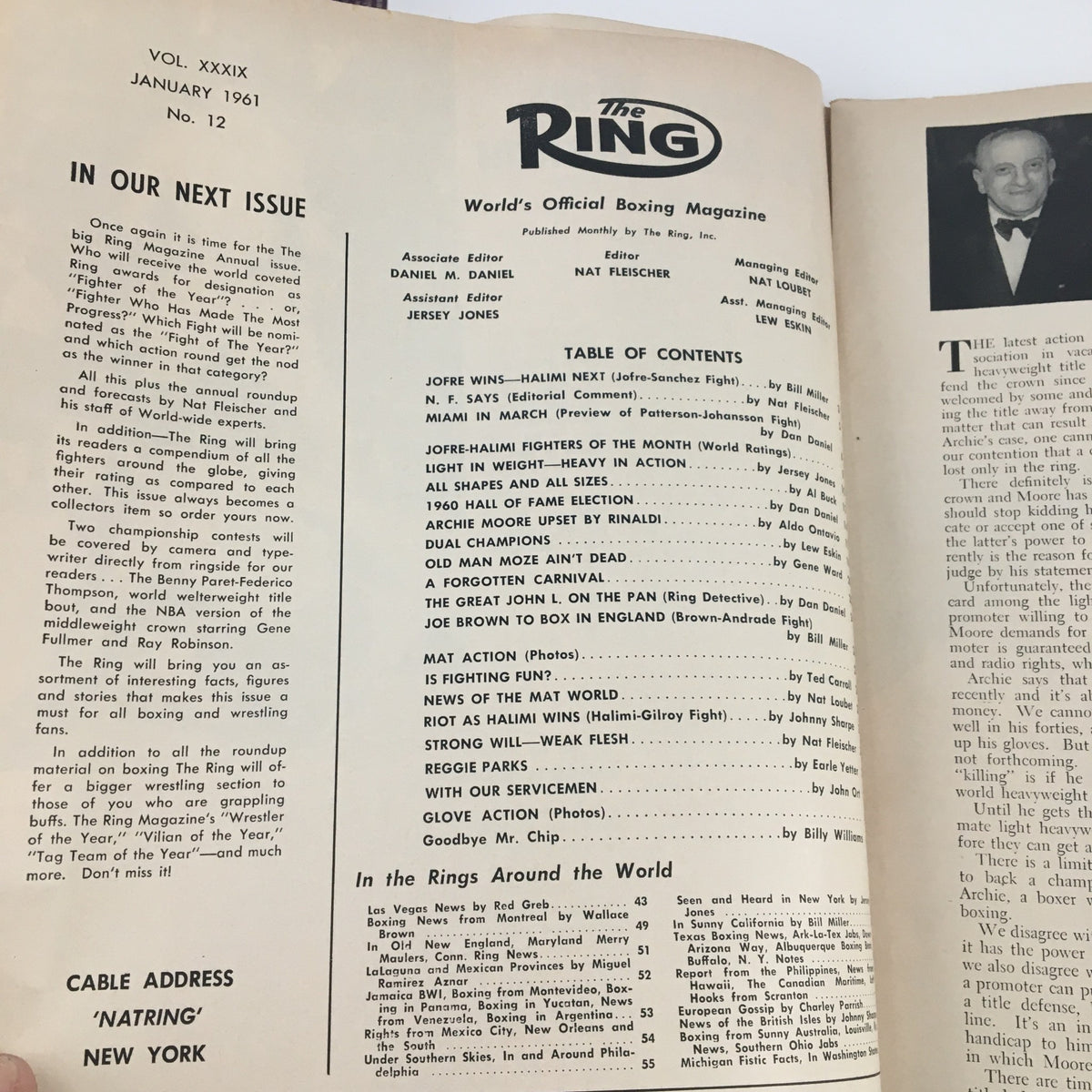 Inside page of The Ring Boxing Magazine January 1961 showcasing the table of contents and articles related to boxing, including features on famous fighters and matches, reflecting the journal's significance in boxing history.