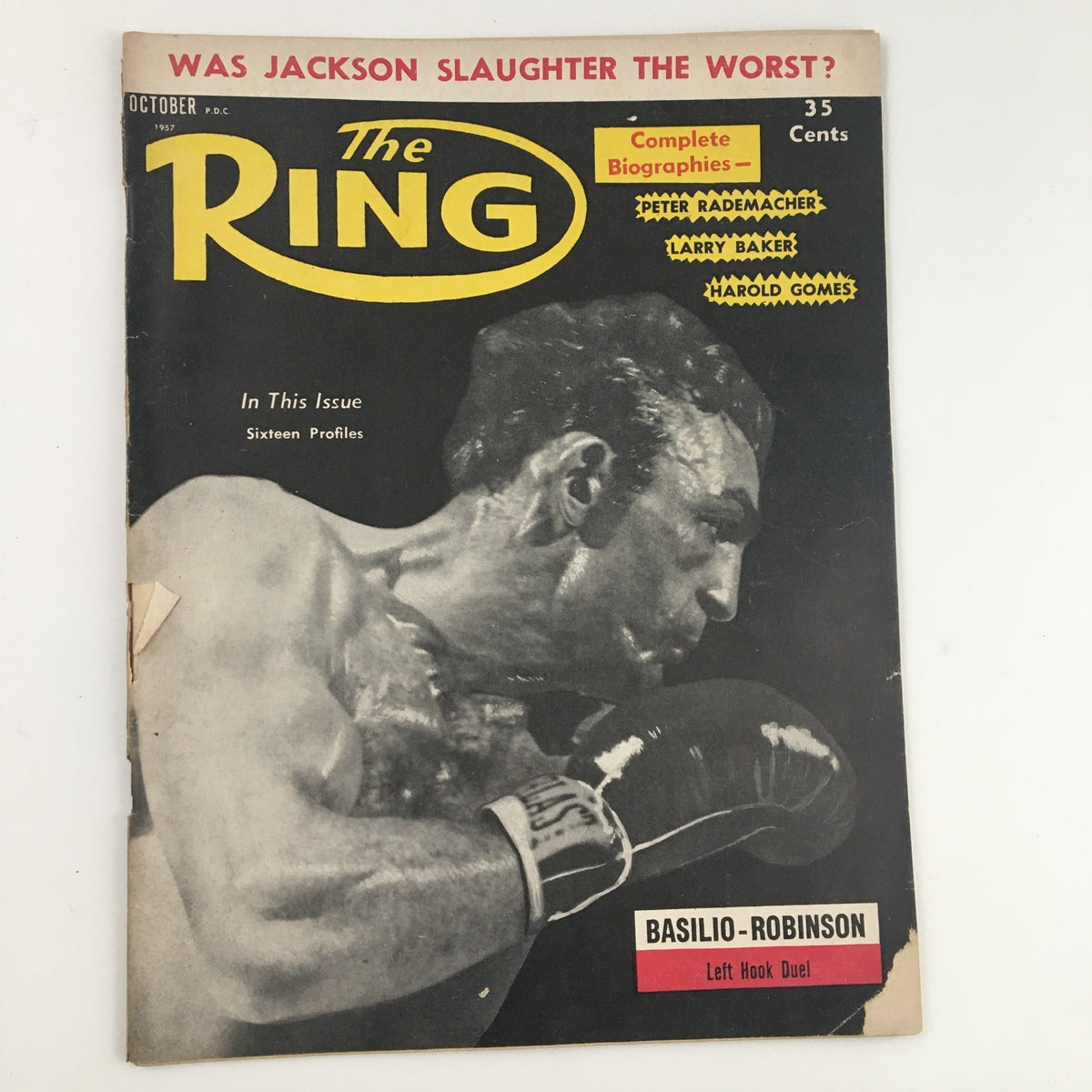 The Ring Boxing Magazine, October 1957 issue featuring Sugar Robinson and Carmen Basilio on the cover, showcasing boxing history and collector's appeal.