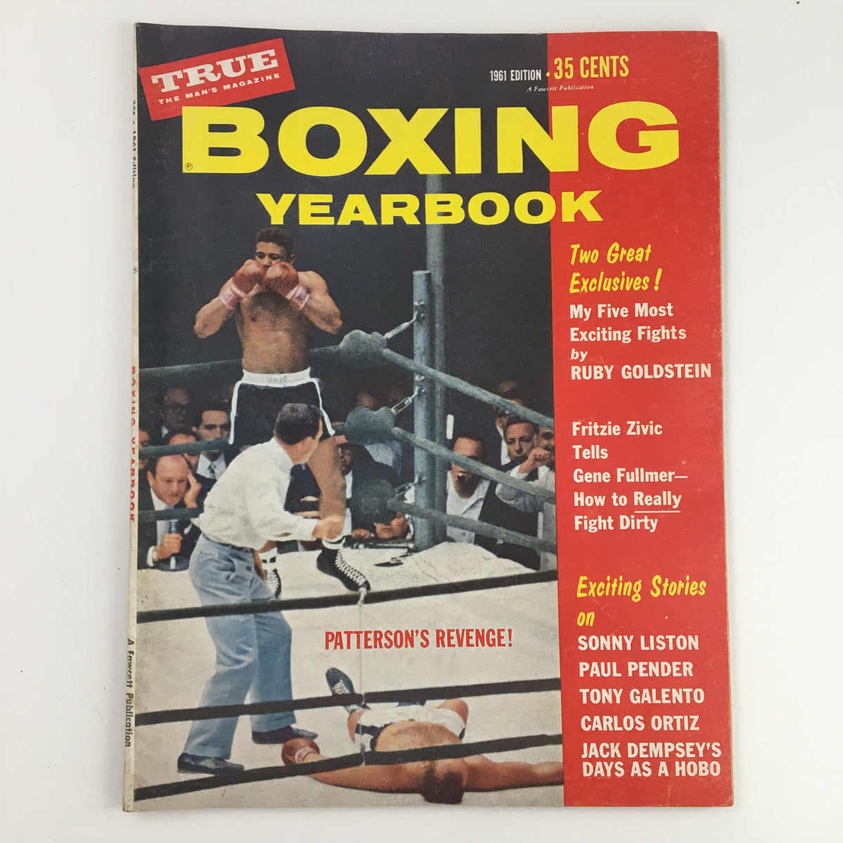 TRUE The Man's Magazine Boxing Yearbook 1961 cover featuring Floyd Patterson with boxing gloves in the ring and the headline 'Patterson's Revenge'. This vintage magazine showcases key boxing content from 1961.