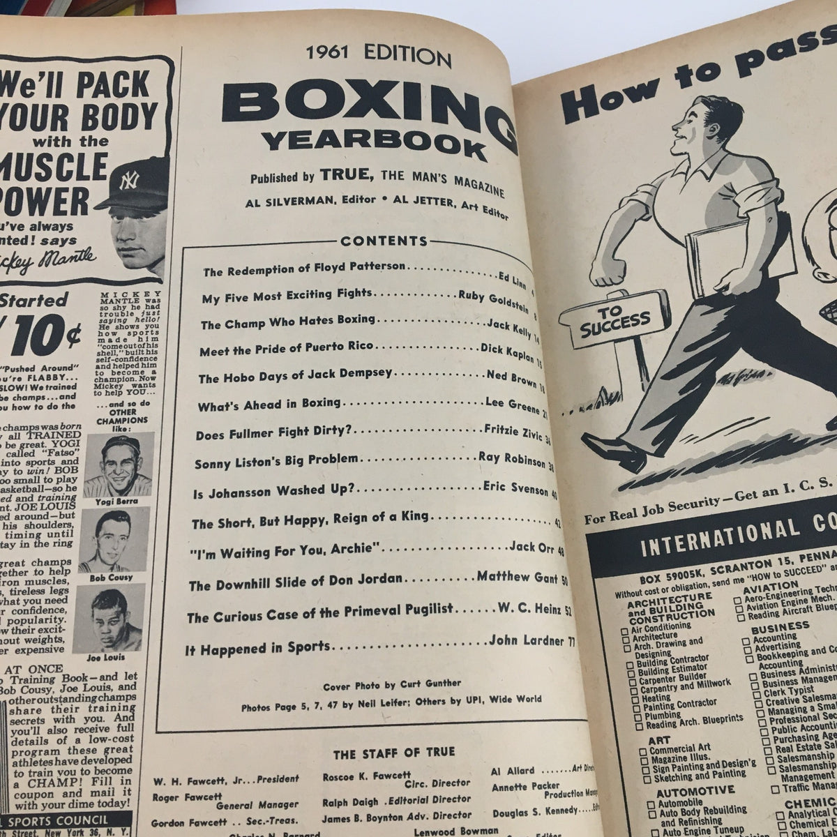 Interior page of TRUE The Man's Magazine Boxing Yearbook 1961 displaying the table of contents and articles related to notable boxers and boxing events of the year.