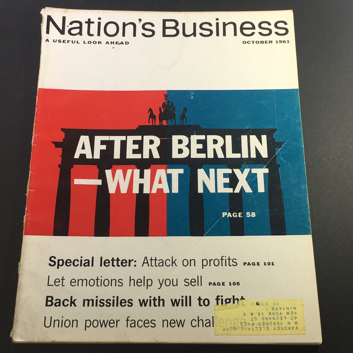 Cover of VTG Nation's Business Magazine, October 1961 featuring the article 'After Berlin, What Next?'. The cover displays a graphic representation of the Berlin Wall with bold text.