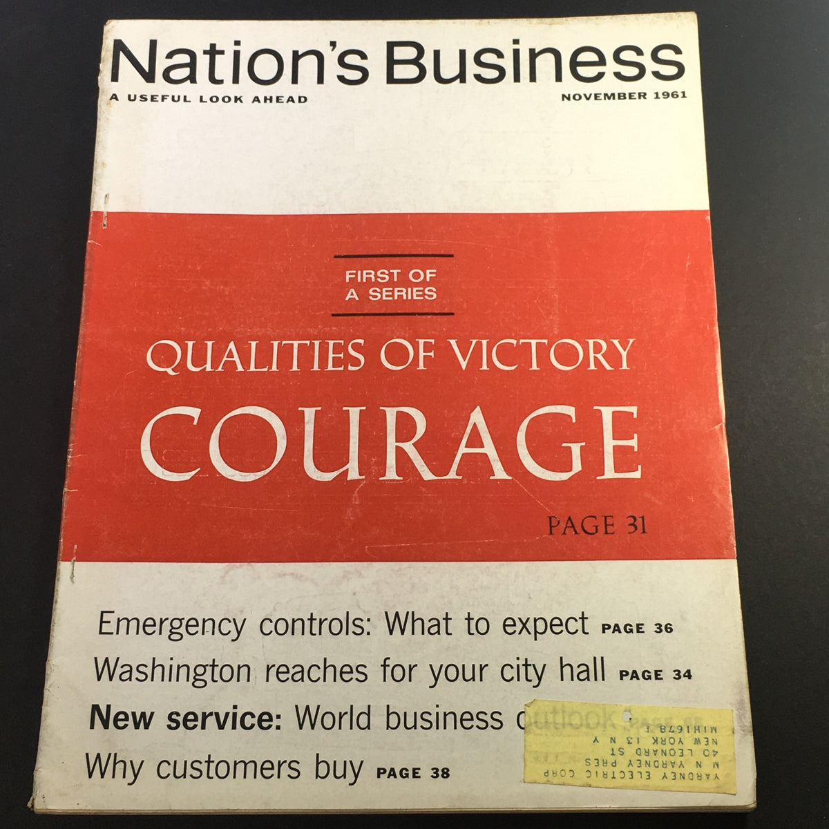 Cover of VTG Nation's Business Magazine from November 1961 featuring the title 'Qualities of Victory Courage', highlighting business themes and featuring articles on emergency controls and customer insights.
