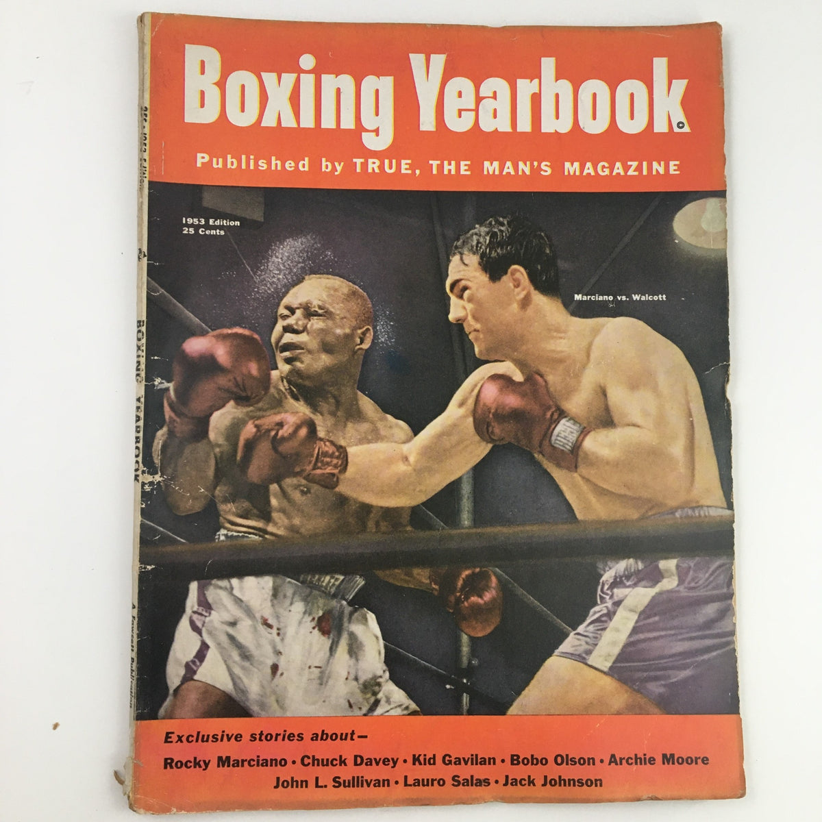 Cover of the Boxing Yearbook Magazine 1953 featuring the match between Jersey Joe Walcott and Rocky Marciano, highlighting two boxers in the ring.