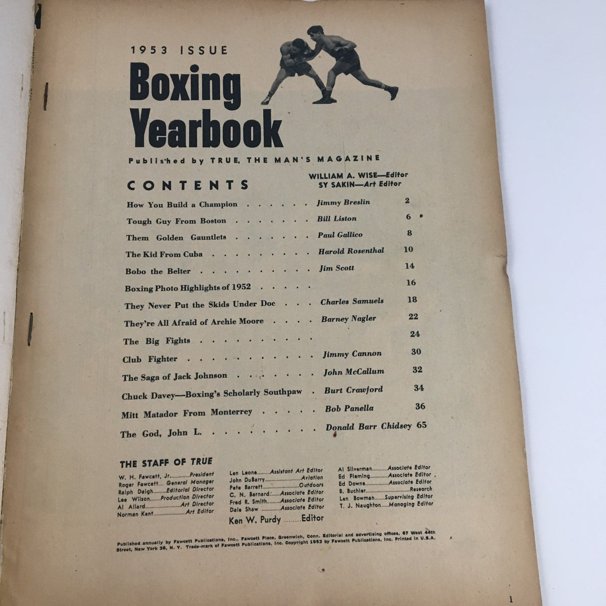 Inside page of the Boxing Yearbook Magazine 1953 showing the table of contents, detailing articles and topics covered in this issue.