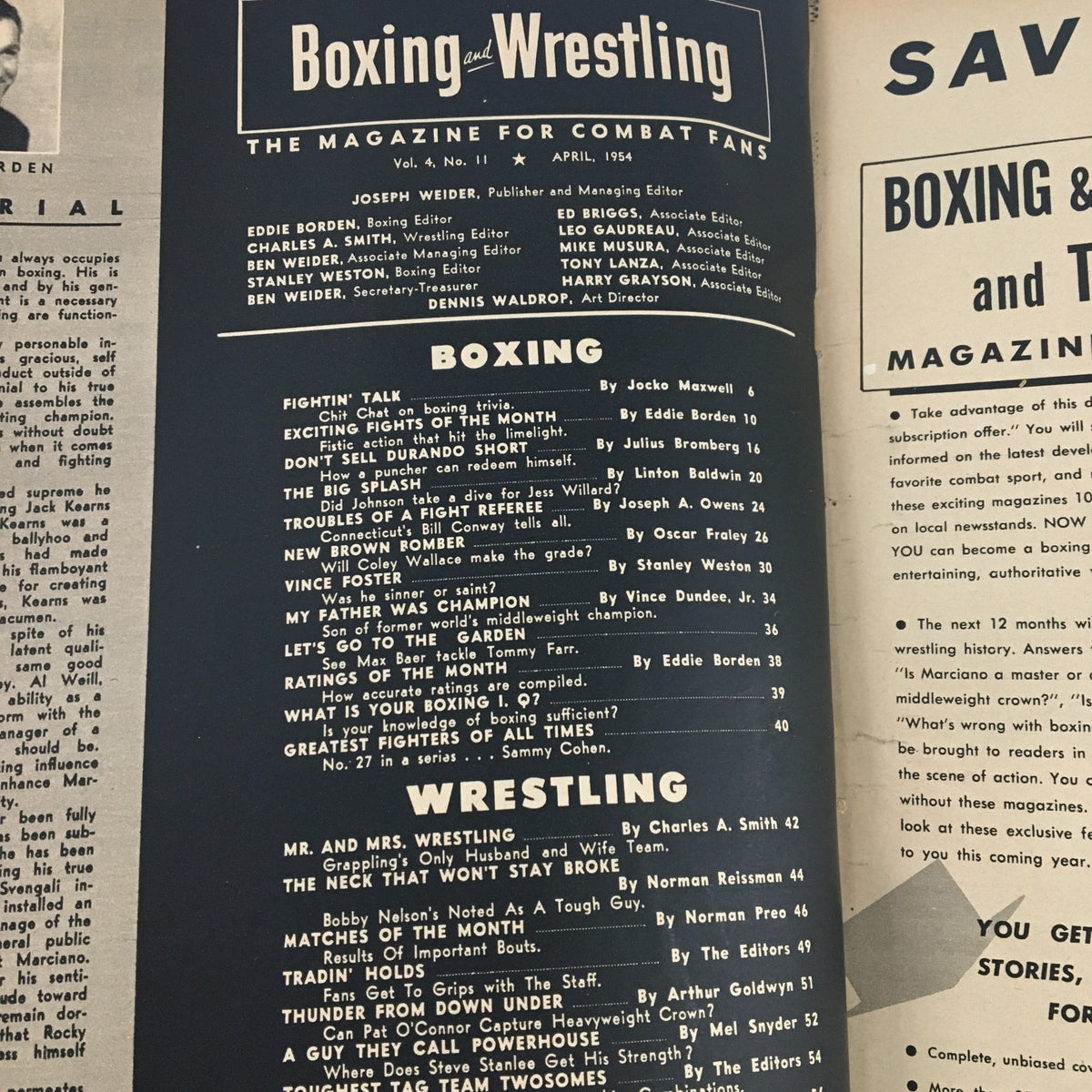 Inside pages of Boxing and Wrestling Magazine April 1954, highlighting articles on boxing and wrestling tactics, notable matches, and sports analysis.