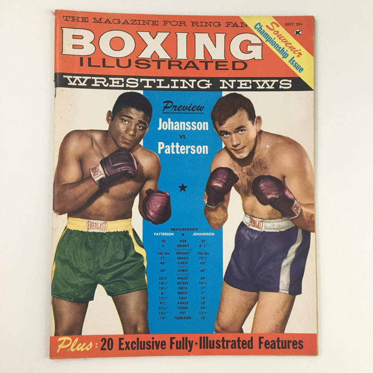 Cover of Boxing Illustrated Magazine July 1960 featuring Ingemar Johansson and Floyd Patterson, showcasing their championship fight preview with detailed measurements and statistics. A vintage collectible for boxing fans.