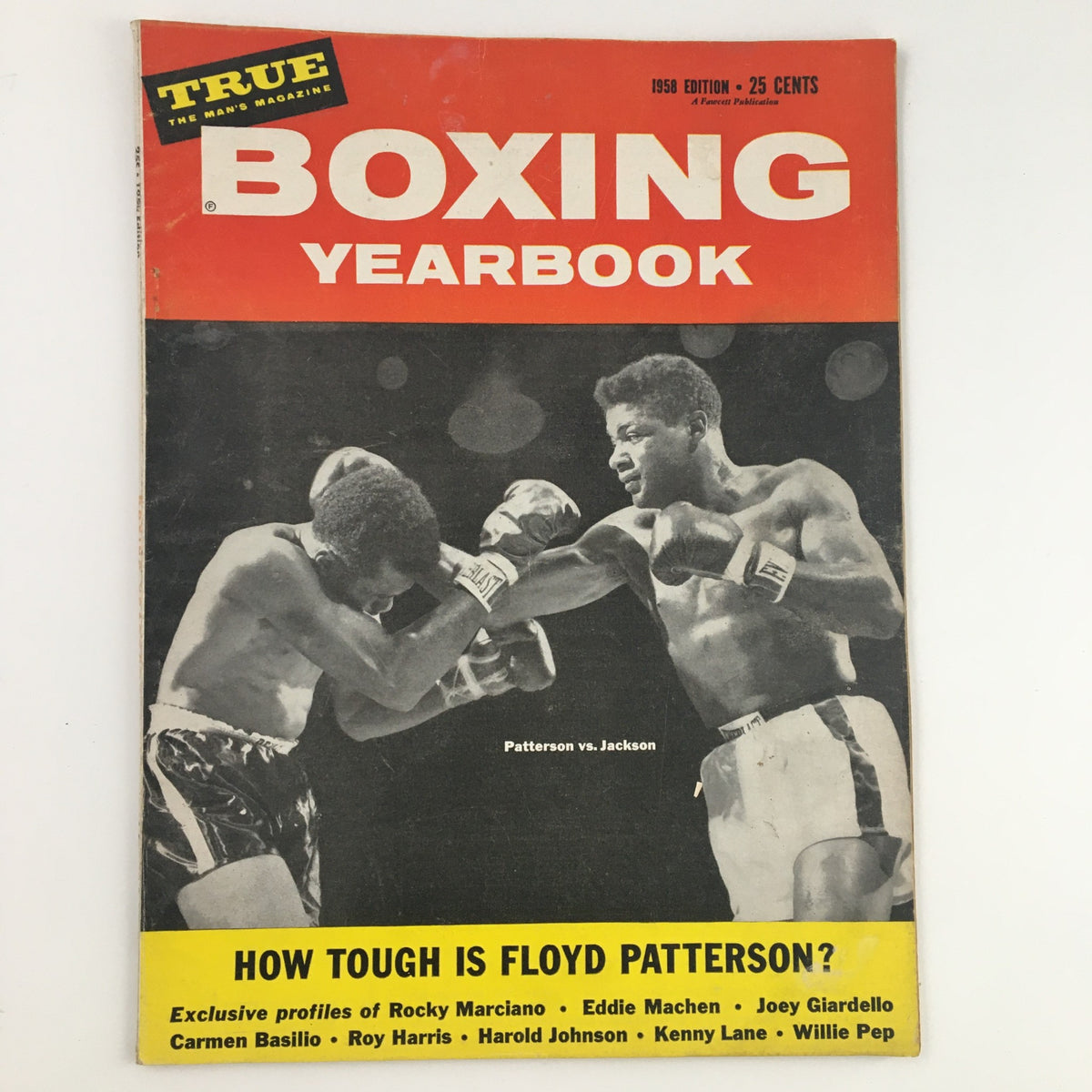 TRUE The Man's Magazine Boxing Yearbook 1958 cover featuring a boxing match between Floyd Patterson and Julian Jackson, highlighting the thrilling boxing history.