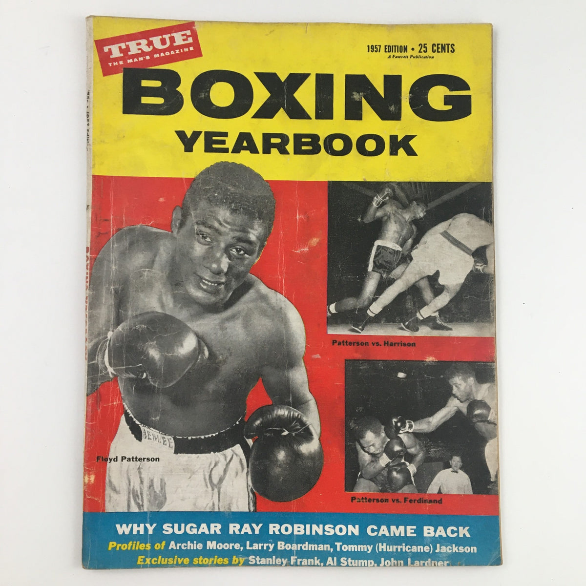 True Magazine Boxing Yearbook 1957 cover featuring Floyd Patterson in boxing gloves, showcasing the main fight against Tommy Harrison and highlights from the boxing era.
