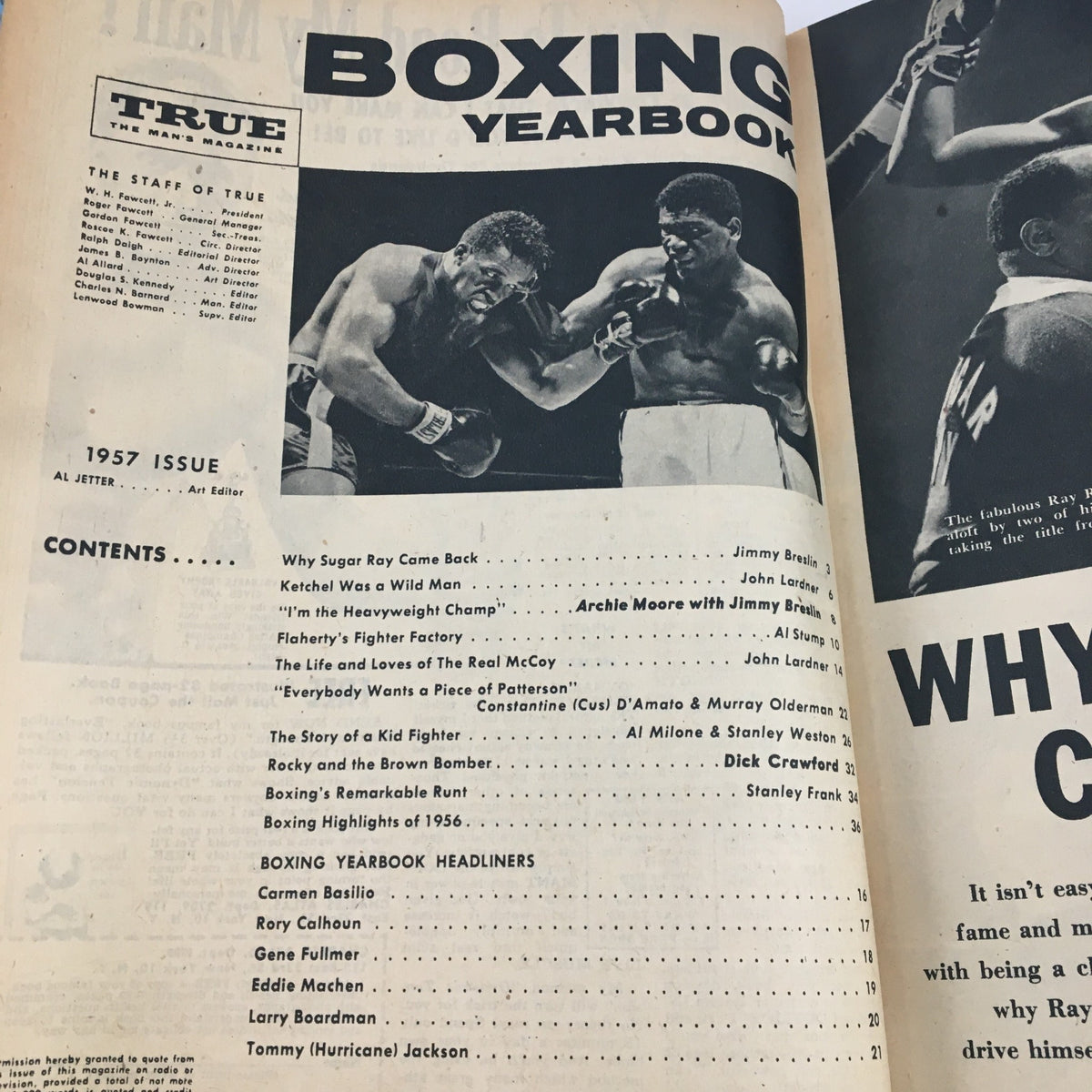 True Magazine Boxing Yearbook 1957 featuring an exciting fight scene, with boxers engaging in action. Includes contents list and highlights of boxing events and personalities from 1956.