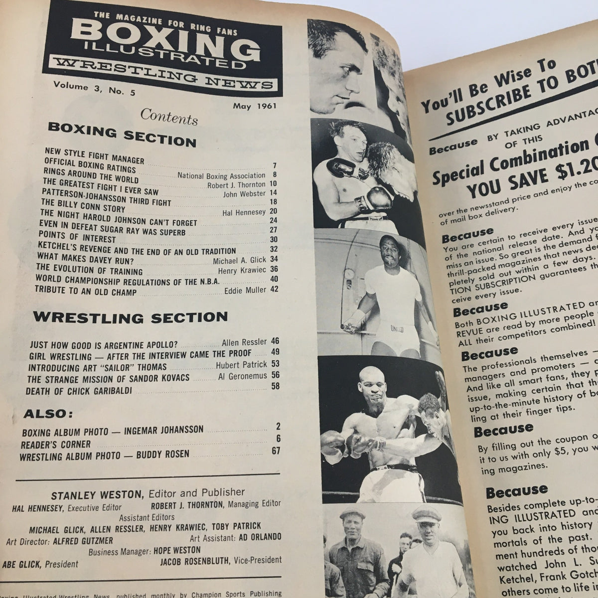 Interior contents page of Boxing Illustrated May 1961 showcasing articles and features including the Patterson-Johansson fight and wrestling news.