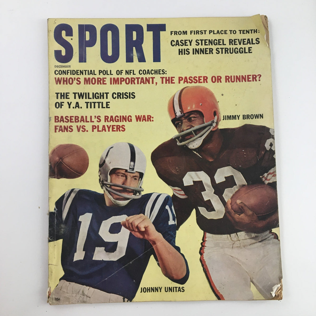 Cover of Sports Magazine December 1962 featuring NFL players Johnny Unitas and Jimmy Brown with a headline discussing NFL coaches' opinions on the importance of position players.