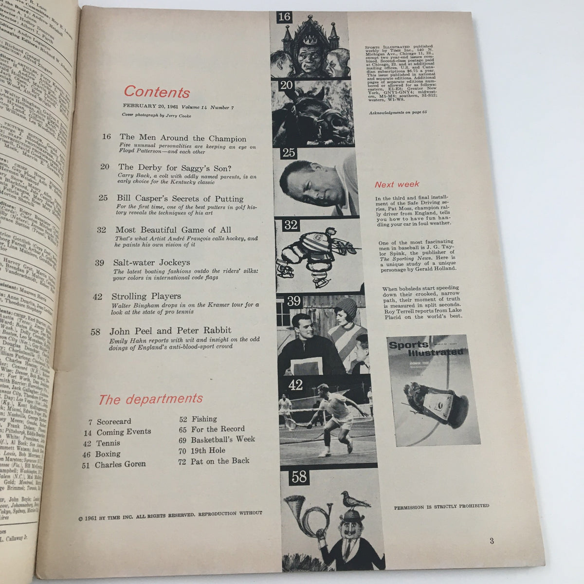 Contents page of Sports Illustrated Magazine February 20, 1961, listing articles including 'Bill Casper's Secrets of Putting' and other sports features.