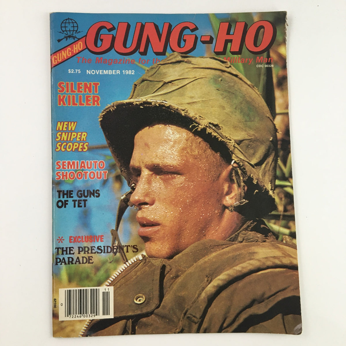 Gung-Ho Magazine November 1982 featuring the cover story 'Silent Killer' and 'The President's Parade'. The magazine showcases a soldier in a combat helmet, reflecting military themes from the 1980s.