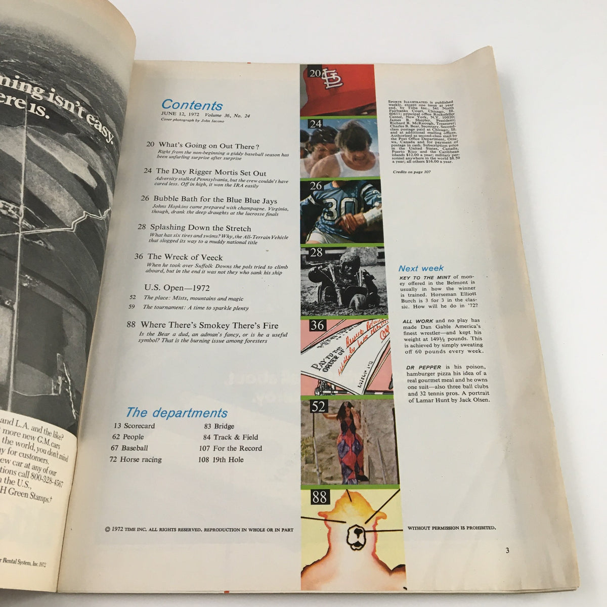 Inside page of the Sports Illustrated Magazine June 12 1972 featuring the table of contents and various articles including 'What's Going On Out There?' and notable sports features. Highlights Chicago's Dick Allen Juggles His Image.