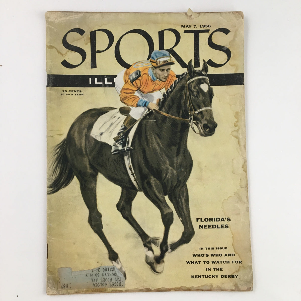 Cover of Sports Illustrated Magazine from May 7, 1956, featuring Thoroughbred Racehorse Champion Needles, showcasing an illustration of Needles and a jockey, with the title prominently displayed.